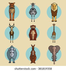 painted wild animals  icons on a background of blue circles : tiger, lion, elephant, monkey, zebra, antelope, giraffe, rhino, kangaroo