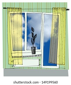Painted window. Blue sky in the window.
