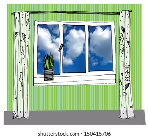 Painted window. Blue sky in the window. 