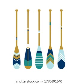 Painted wooden canoe Oar. Modern and contemporary coastal or beach decor. Set of paddles in blue colors. Vector illustration on White