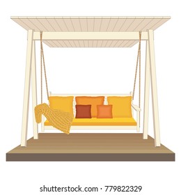 Painted wooden garden swing with mattress and pillows. Vector illustration  isolated on white background