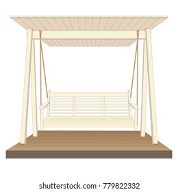 Painted wooden garden swing on wooden platform. Vector illustration  isolated on white background