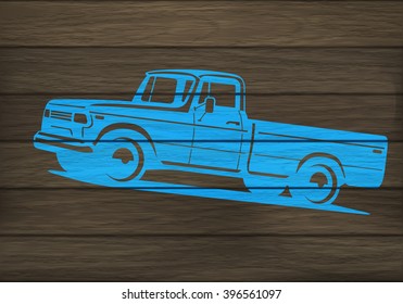 Painted Wooden Surface With Stencil Of Pickup Truck Silhouette. Vector Illustration