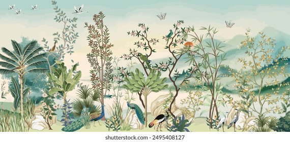 Painted,Tree,Without,Fruit,On,White,Background.,Chinoiserie.Tropical Background, birds, watercolor background.