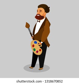 Painter with Art Supplies Vector Illustration. Artist with Palette, Paint Brush Flat Drawing. Creative Man with Beard in Beret Cartoon Character. Fashionable, Stylish Guy. Job, Occupation Clipart