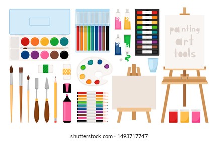 Painter art tools  Paint arts tool kit vector illustration  vector watercolor painting design artists supplies  easel   palette  painting brush   draw materials