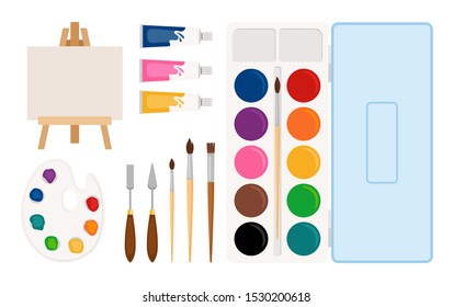 Painter art tools. Paint arts tool kit vector illustration. Vector watercolor painting, easel, palette, brushes