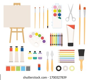 Painter art tools. Paint arts tool kit vector illustration. Watercolor painting design artists supplies, easel and palette, painting brush and draw materials