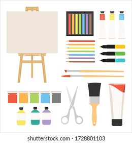 Painter art tools. Paint arts tool kit vector illustration, vector watercolor painting design artists supplies, easel and palette, painting brush and draw materials