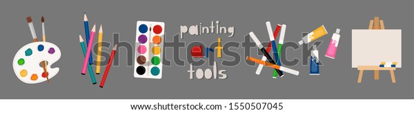 Painter art tools. Paint arts tool kit\
vector illustration, vector watercolor painting design artists\
supplies, brushes easel palette felt-tip\
pens