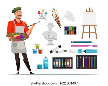 Painter and art tools vector illustrations set. Smiling artist in beret with paint palette cartoon character. Different painting equipment isolated on white background. Watercolor, gouache, easel