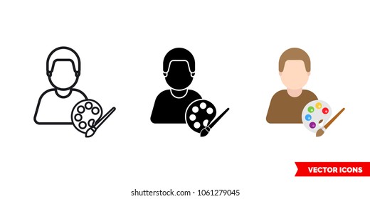 Painter artist icon of 3 types: color, black and white, outline. Isolated vector sign symbol.