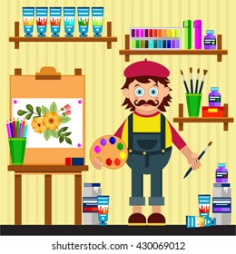 Painter artist in the work place. Different tools palette, tubes and other.