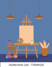 Painter artist workshop room with tools: canvas, easel with, lamps paints, palette, brushes,  pencils, tube, box. Art studio interior colorful vector illustration.