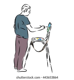 Painter behind the easel. Hand drawn vector illustration. Man draws paints.