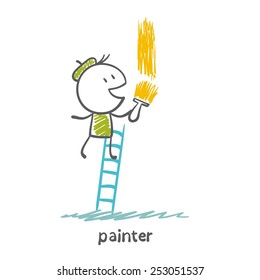 painter with big brush on the stairs illustration