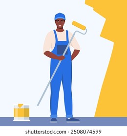 Pintor hombre negro pintando la pared de la casa con el cepillo del rodillo. Trabajador usando rodillo de pintura y latas de pintura. Trabajo de decorador, servicio de renovación interior. Ilustración de personaje de Vector plano