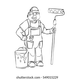Painter black vector illustration. Can be used as coloring page for kids and information image for business cards or advertising. Work man with paint roller in comic style