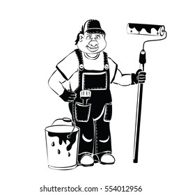 Painter black vector illustration isolated on a white background. Can be used as information image for business cards or advertising. Work man with paint roller in comic style