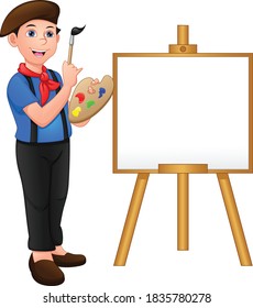 painter boy posing in front of the canvas