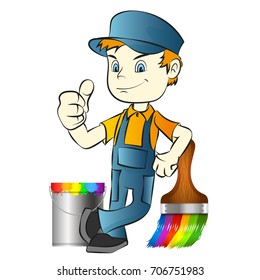Painter with brush and bucket with paint illustration
