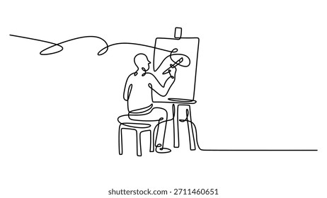 Pintor com pincel e tela de pintura, estilo de desenho de linha contínua. Um conceito para criatividade, artesanato e escola de arte. Ilustração vetorial de um hobby de artista.