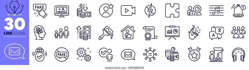 Painter, Brush and Fake information line icons pack. Work home, Musical note, Reminder web icon. Deflation, Verified internet, Work pictogram. Video camera, Jazz, Verification person. Vector