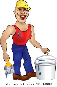 Painter with brush and paint, on white background 