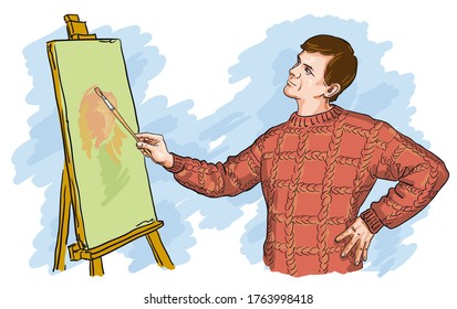 Pintor con brocha, vector sobre fondo blanco