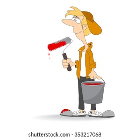 The painter with a bucket of red paint. Vector illustration