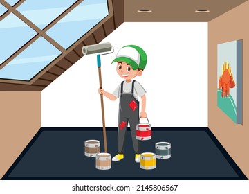 Painter with buckets of paint in the room illustration