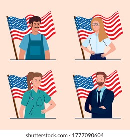 painter businesswoman doctor and businessman with usa flags design, Labor day holiday and patriotic theme Vector illustration