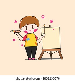 a painter with canvas in chibi style