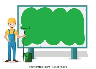 Painter in the cap painted the Billboard with green paint on a white. Place for text.