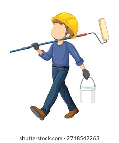 Painter carrying paint roller and bucket worker male