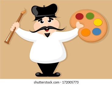 painter cartoon character holding paintbrush and color palette 