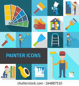 Painter cartoon character man flat shadow pictograms set with pail brush and ladder abstract isolated vector illustration