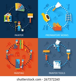  Painter character preparation for house refurnishing with spectrum and scraper 4 flat icons composition abstract vector illustration