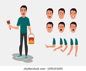 Painter character set for your animation, design or motion with different facial emotions and hands.