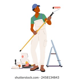 Painter Character Wearing Overalls, Holding A Paint Roller And Standing Next To Paint Cans, A Ladder, And Other Tools Used For Interior Or Exterior Painting Projects On Construction Or Renovation Site