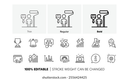 Painter, Chemistry lab and Lgbt line icons. Pack of Deflation, Award cup, Business statistics icon. Reminder, Info, Inspect pictogram. Survey results, Ranking star, Cogwheel. Line icons. Vector