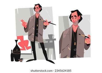 Painter with cigarette and brush, vector illustration. Painter wearing beret, a scarf, and a smock. He holding cigarette and brush in hand.