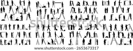 Painter, Cleaner, and Handyman Silhouette Vector Set | People Working on Ladders, Painting, and Cleaning | Renovation and Maintenance Icons