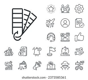 Painter color book sign. Salaryman, gender equality and alert bell outline icons. Pantone line icon. Paint swatches symbol. Palette line sign. Spy or profile placeholder icon. Vector