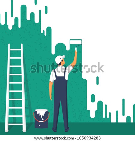 Painter colors the wall. A man is holding a paint roller in hand. Staircase a bucket. Vector illustration of flat design style. Human runs to provide construction work. Customer Service.