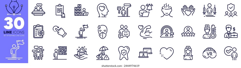 Painter, Communication and Inventory line icons pack. Leadership, Voting campaign, Outsource work web icon. Human rating, Thermometer, Hospital nurse pictogram. Mental health, Clipboard. Vector