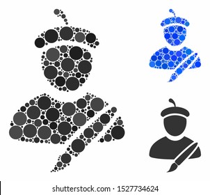 Painter composition of circle elements in different sizes and color tinges, based on painter icon. Vector circle elements are united into blue collage. Dotted painter icon in usual and blue versions.