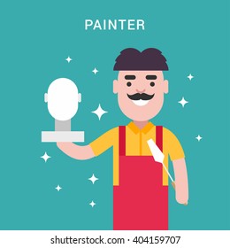 Painter Concept. Male Cartoon Character. Flat Style Vector Illustration