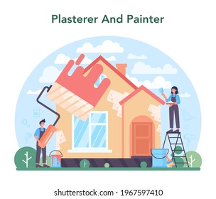 Painter concept. People in the uniform paint the wall with paint roller