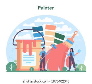 Painter concept. People in the uniform paint the wall with paint roller and plastering a wall with spatula. Wall decorator renovating a house. Vector flat illustration